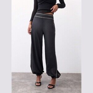 Black Gold Trim Harem Pants with Elastic Cuff Hem